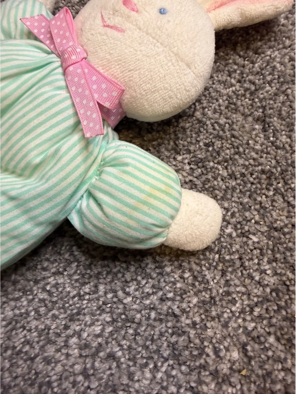 Eden Plush Bunny Toy with Pink Bow and Green Striped Outfit